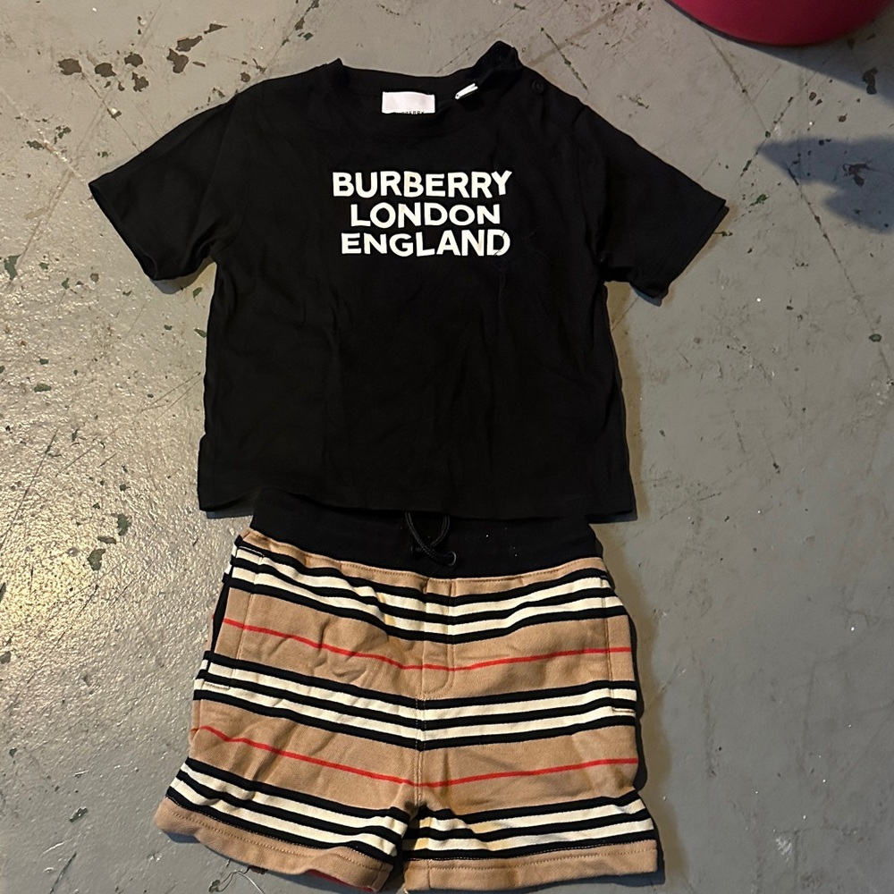 Burberry Black Tee and Striped Shorts Ensemble